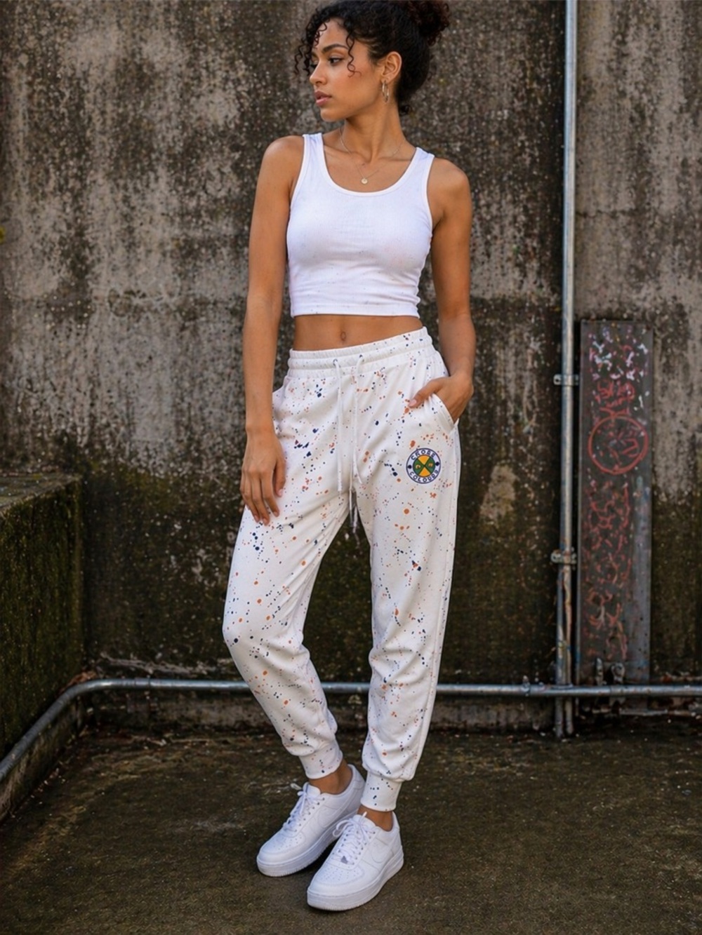Cross Colours Paint Splatter Joggers S White Streetwear Sweatpants Athleisure G